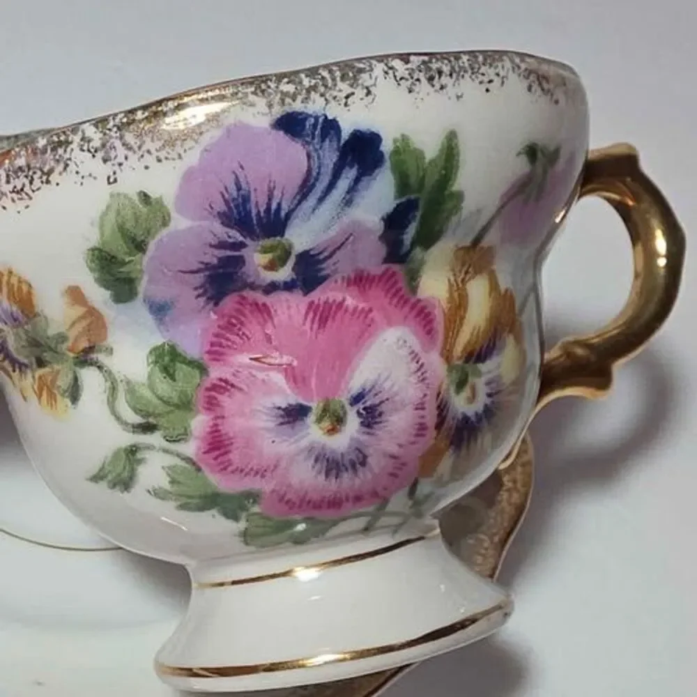 Royal Sealy Teacup and Saucer Sweetpea Pink Purple Flowers Vintage